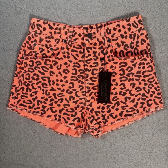 NWT Carmar Titania Shorts Women Size 25 High Rise Neon Orange Leopard 2” Inseam - Picture 1 of 7